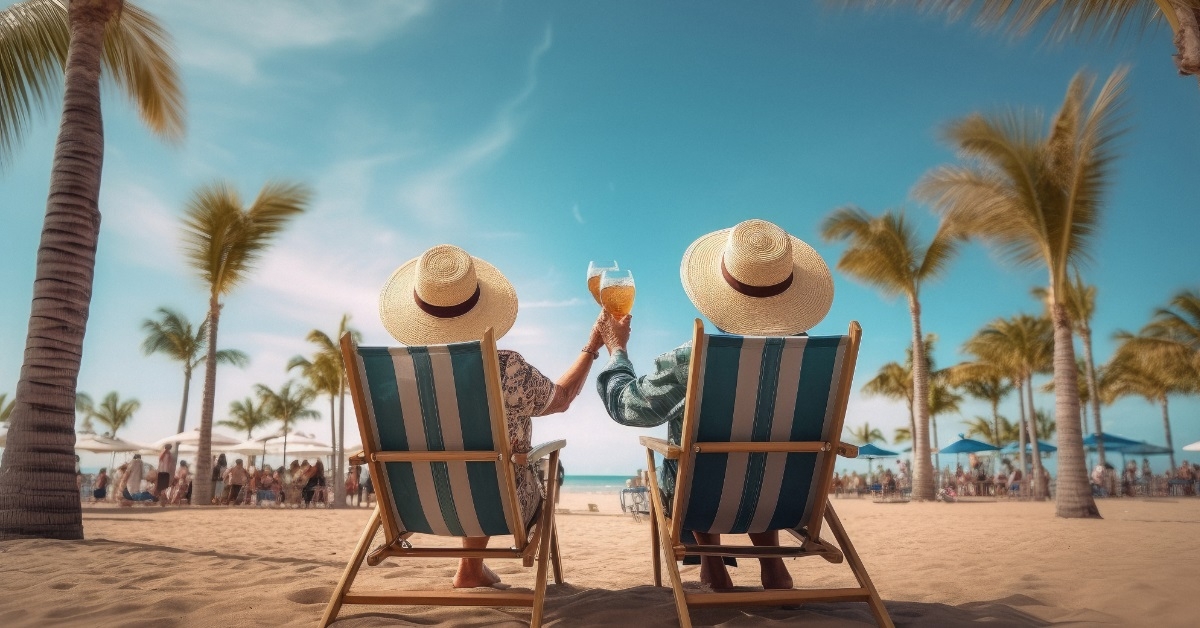 couple having drinks on beach vacation