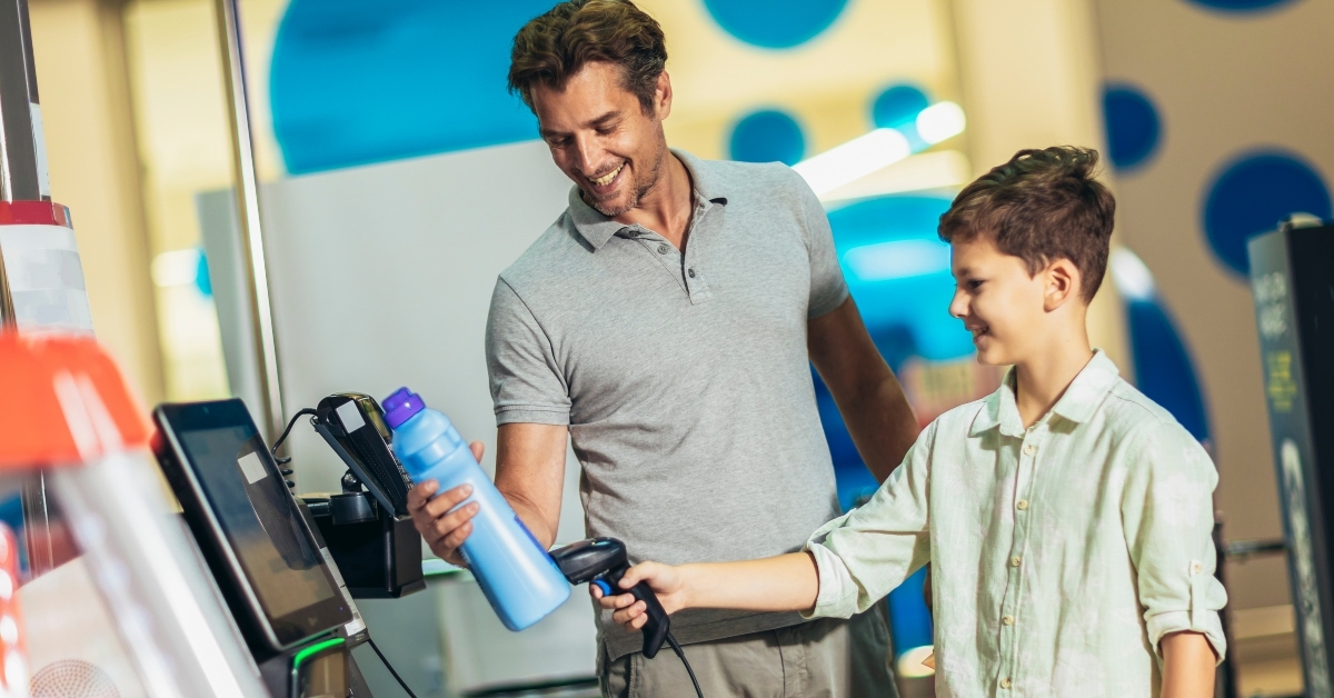 father and son buying food
