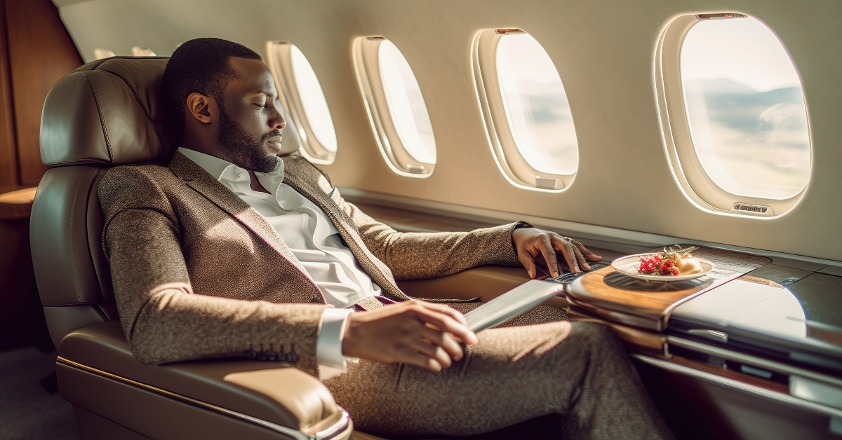 businessman in a luxurious first-class cabin