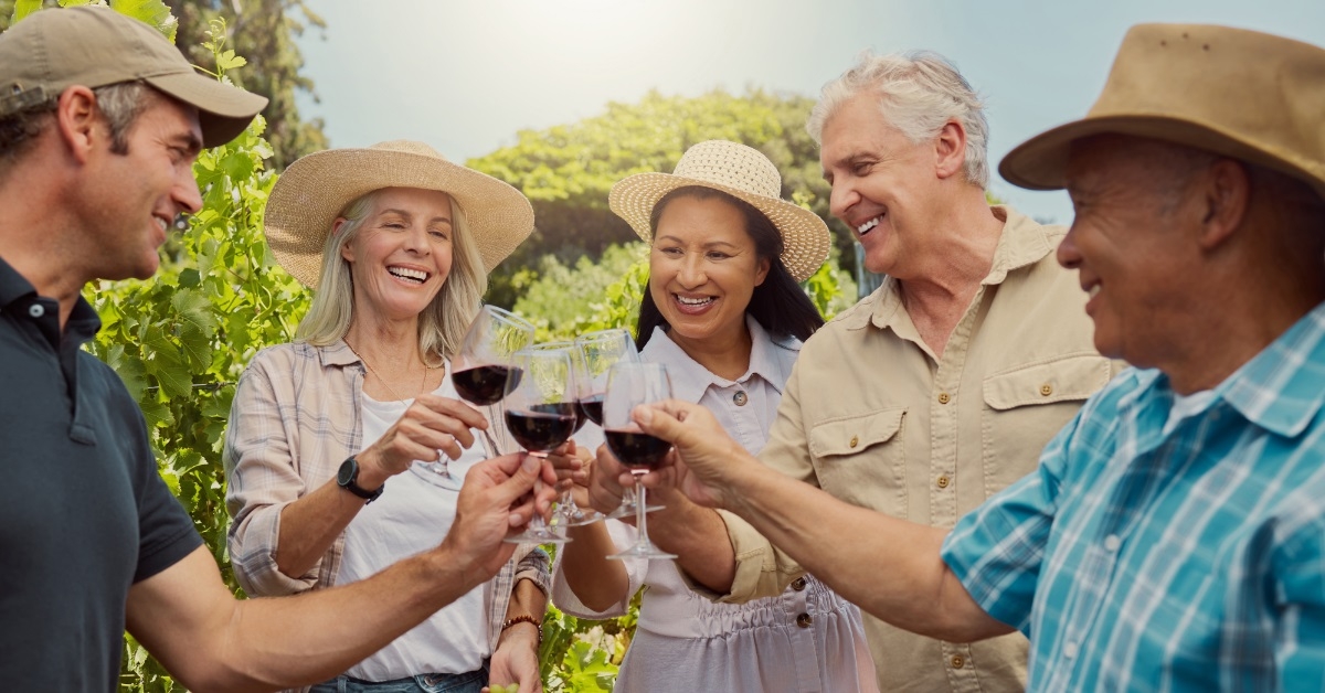 friends toasting wineglasses on vineyard