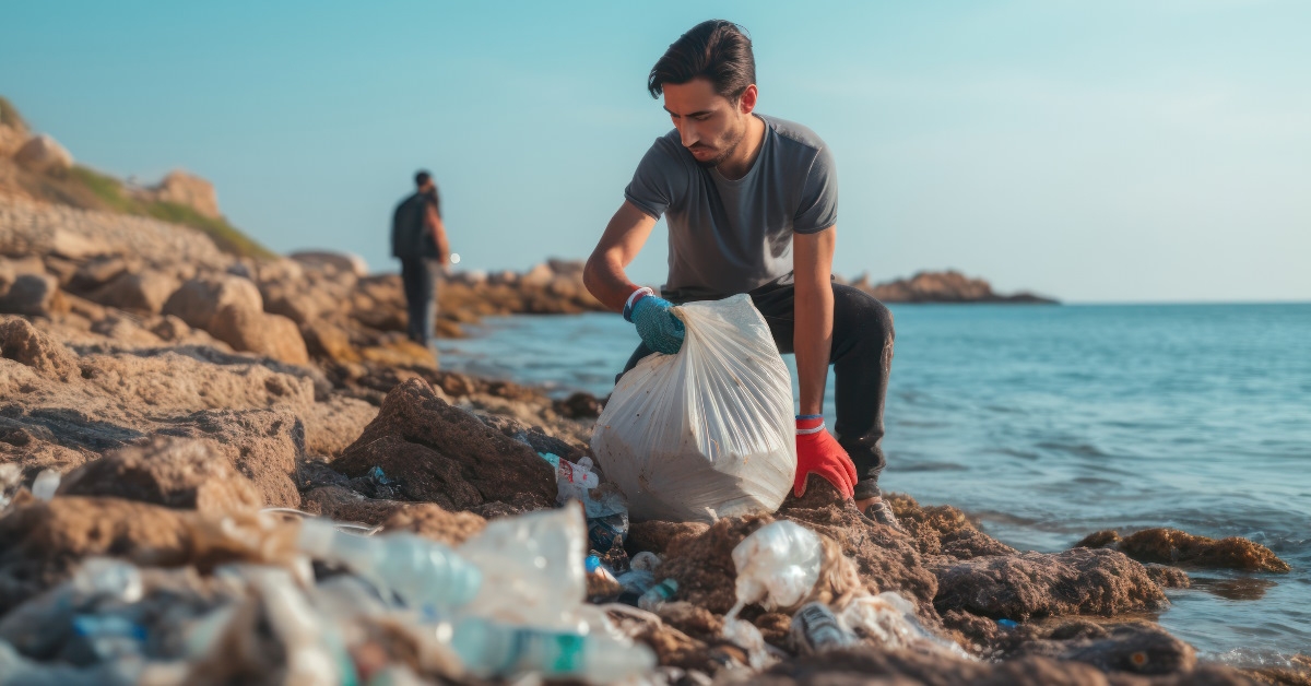 male volunteer picking garbage on beach
