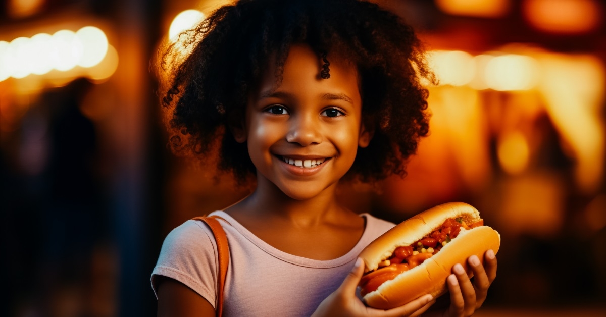 african american girl holding hot dog