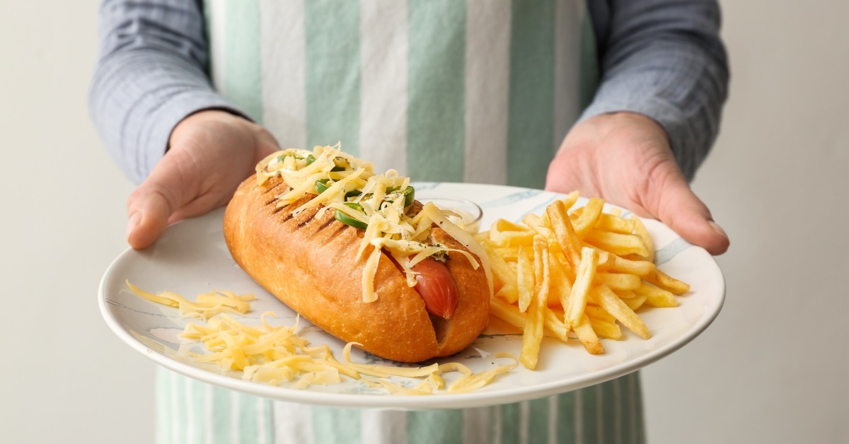 hot dog plate with french fries