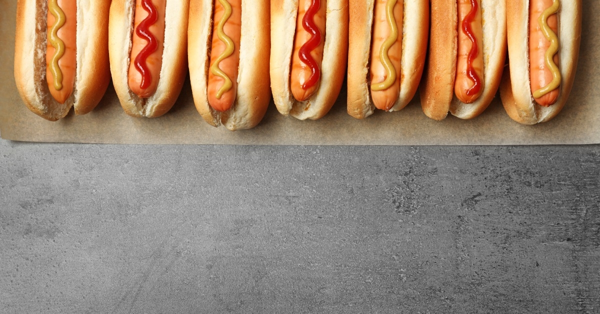 fresh hot dogs on grey background