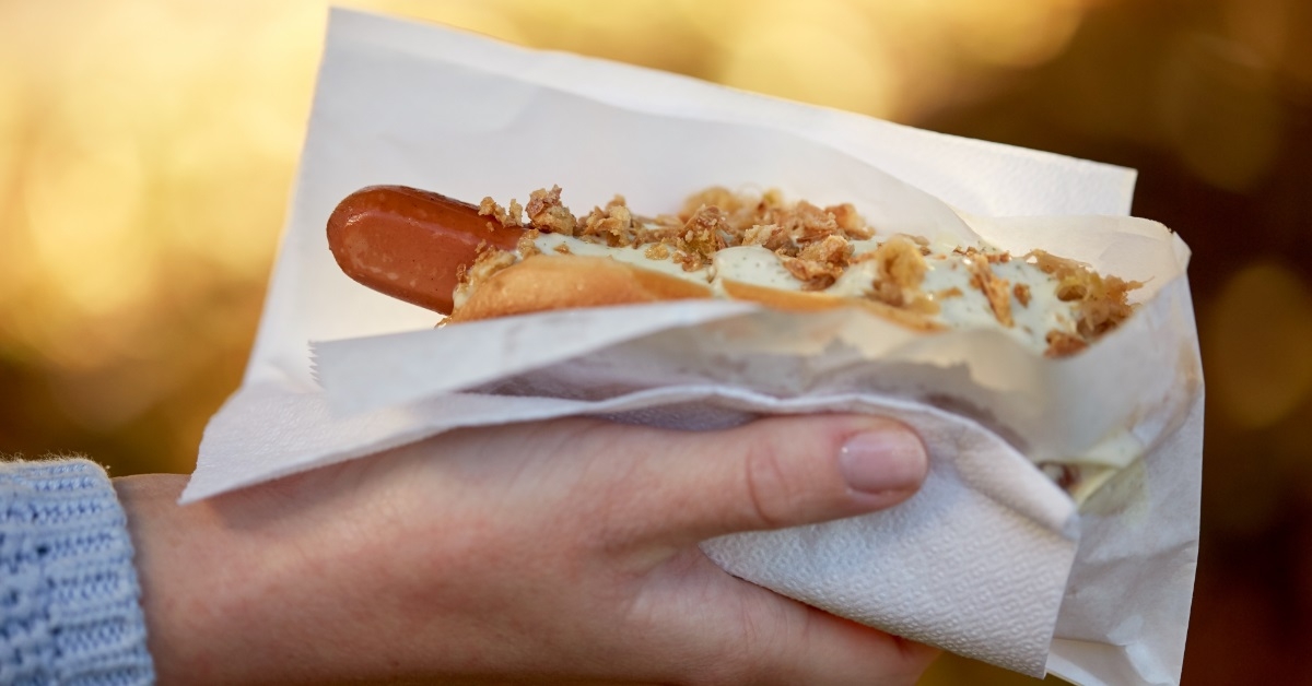 hand holding hot dog in napkin