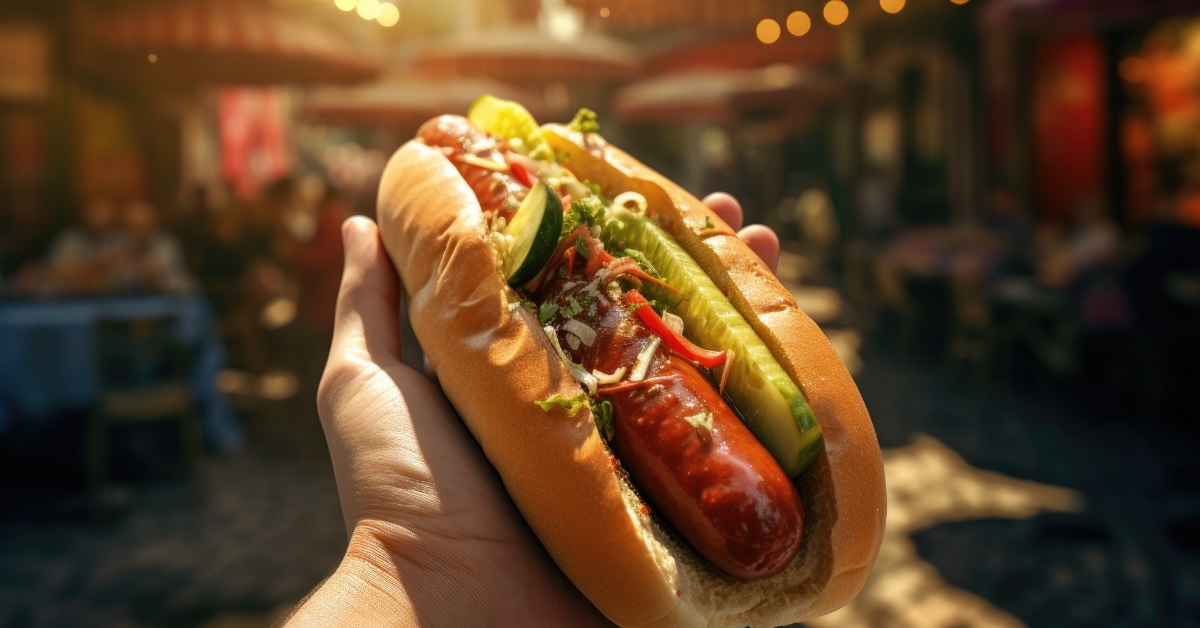 hand holding hot dog in street