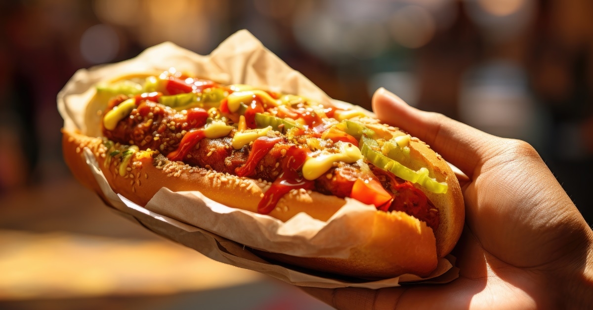 hand holding hot dog outdoors