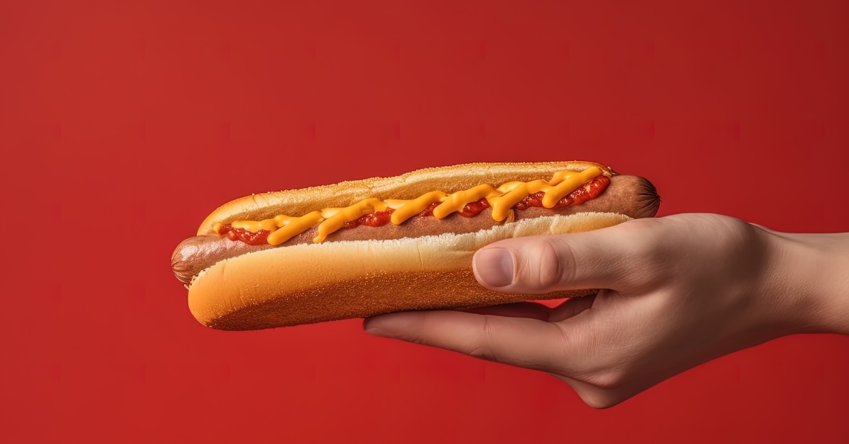 hand holding hotdog on red background
