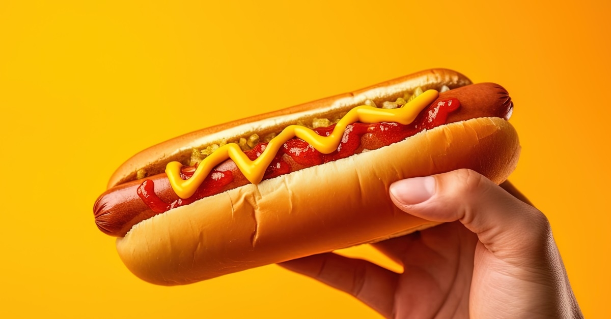 hand holding hotdog on yellow background