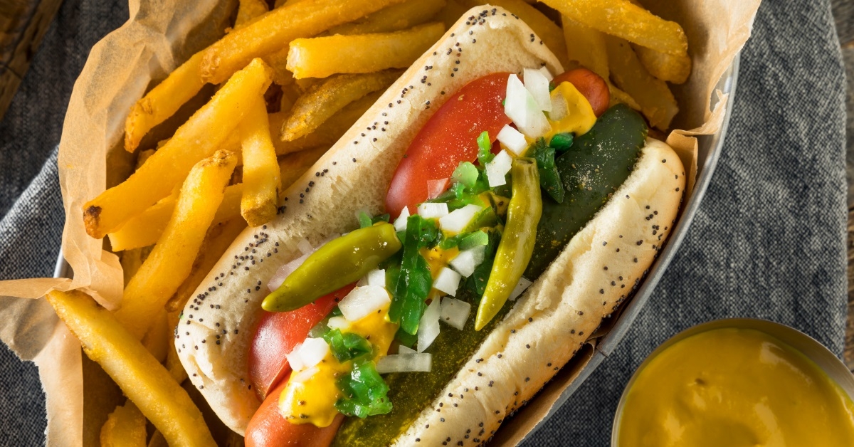 chicago hot dog with mustard sauce