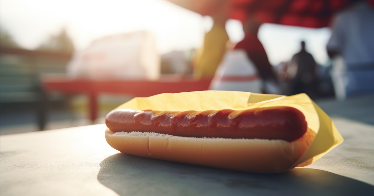 hot dog in napkin on table