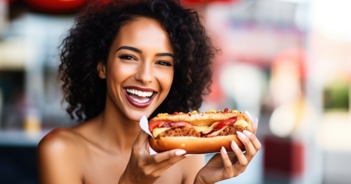woman smiling while holding hot dog