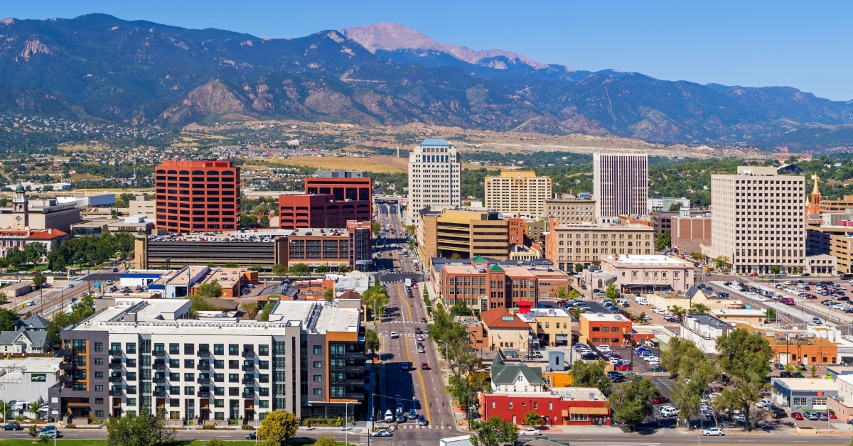 downtown colorado springs with pikes peak
