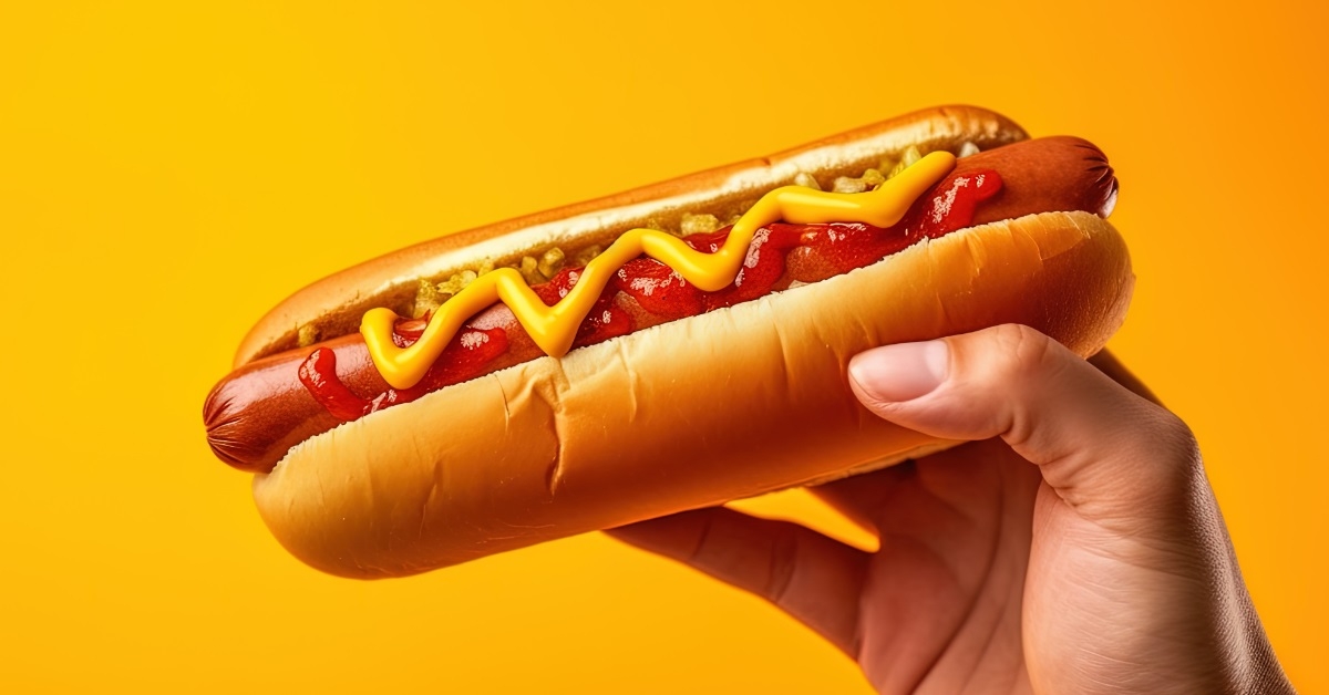 hand holding delicious hot dog