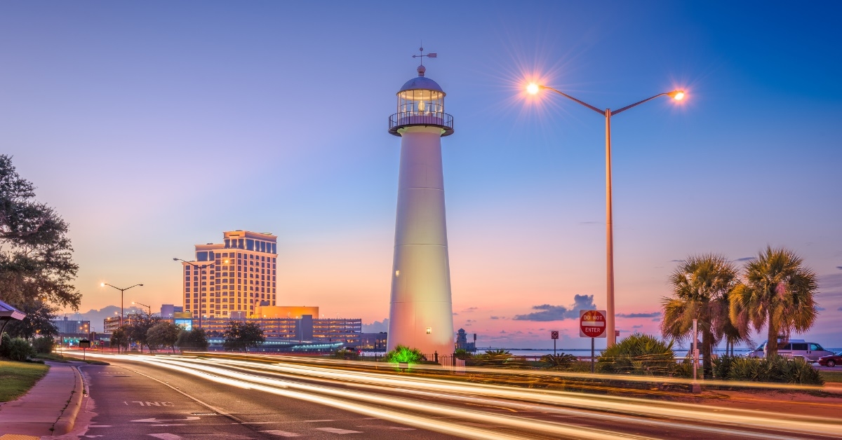 biloxi lighthouse in mississippi at midnight