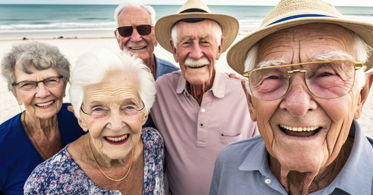 senior friends posing at beach vacation
