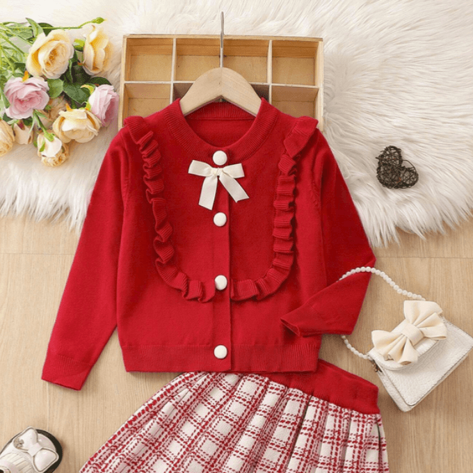 front cardigan & plaid pattern knit skirt