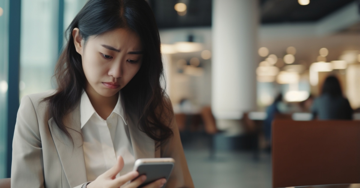 upset woman looking at her phone