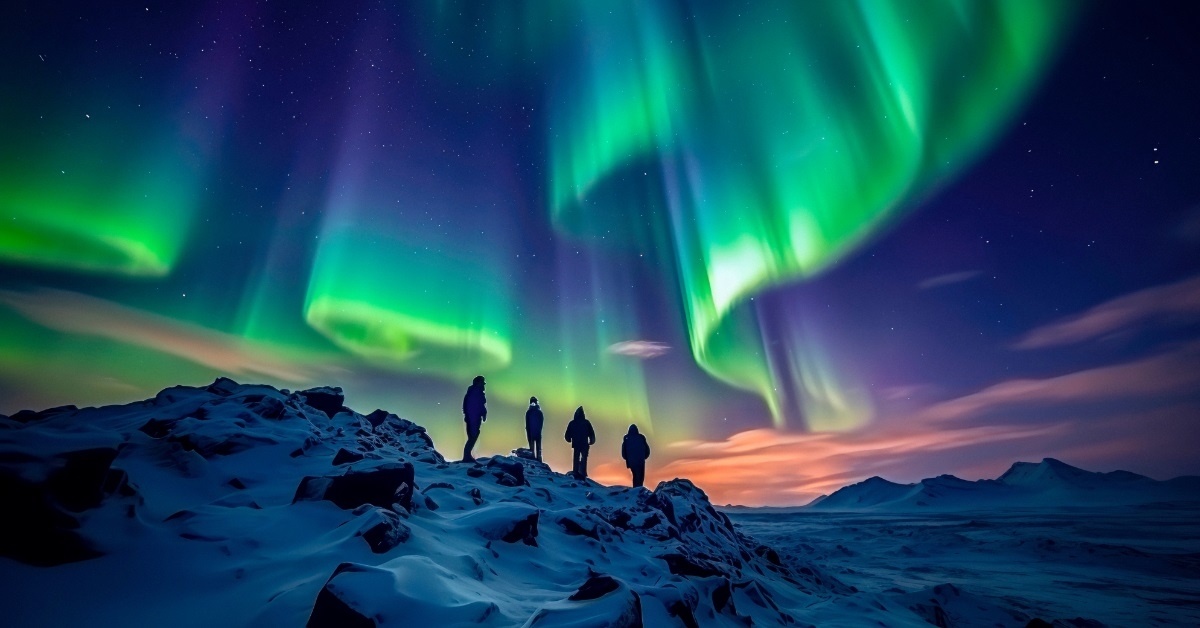 hikers exploring lapland's snowy wonderland aurora