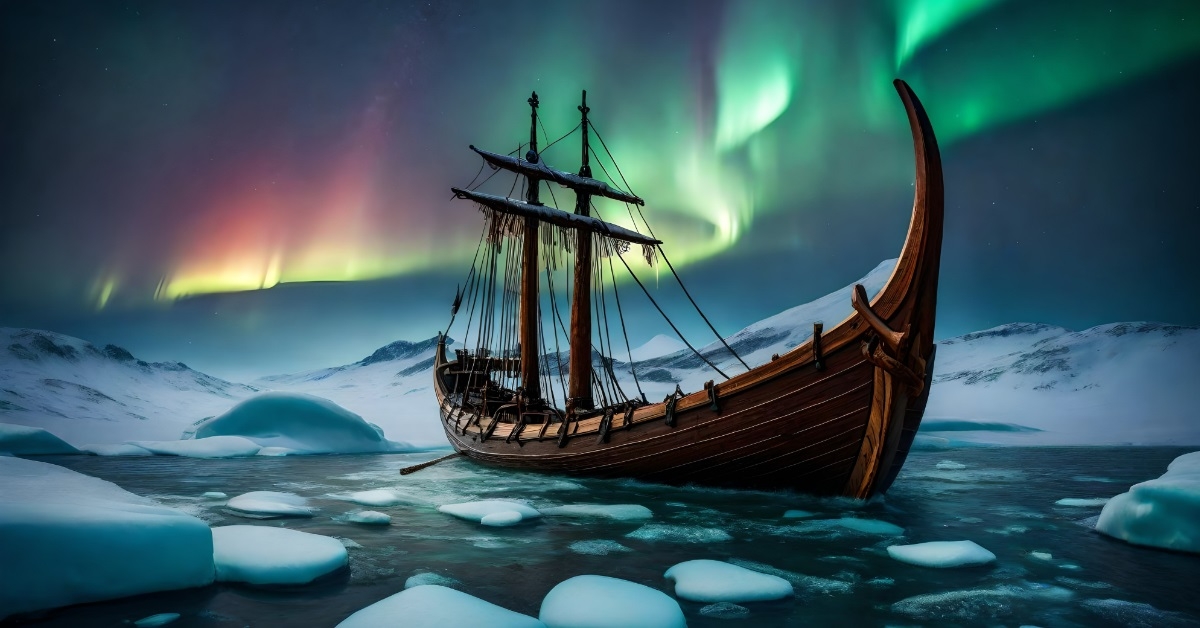 longship sailing under the northern lights