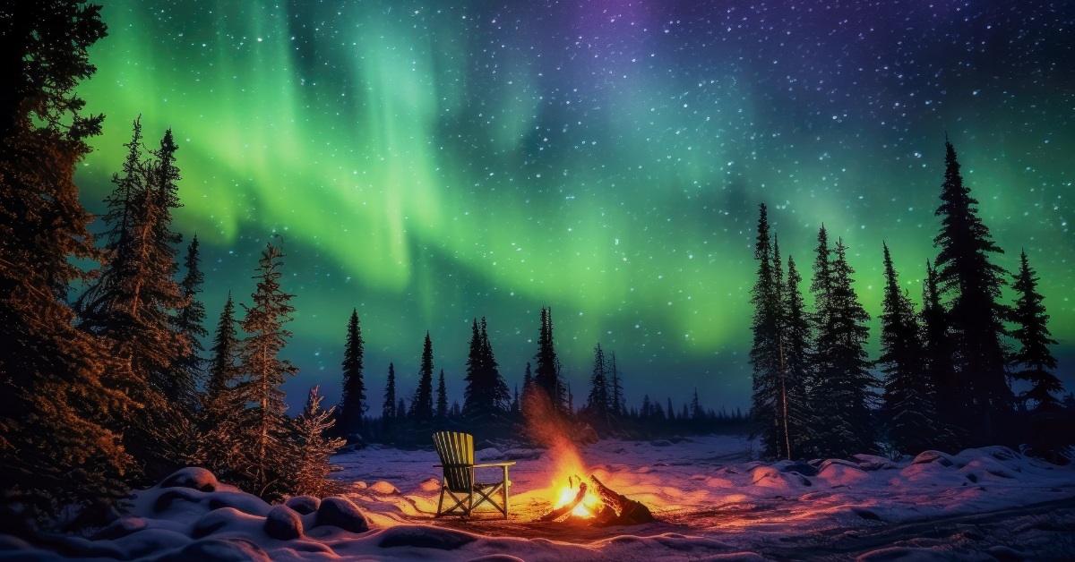 northern lights over bonfire in forest
