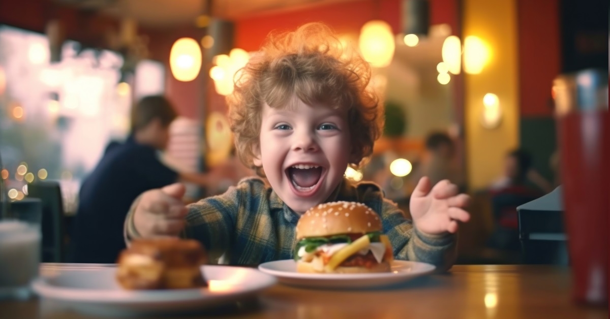 toddler excited about burger at restaurant