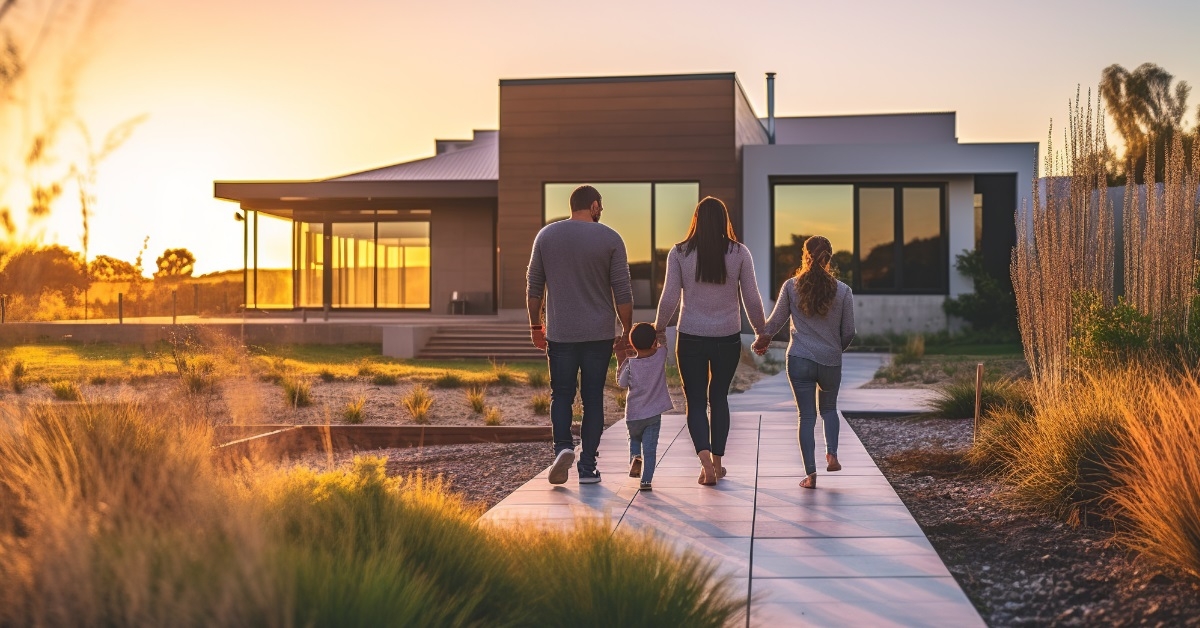 happy family walking outside new home