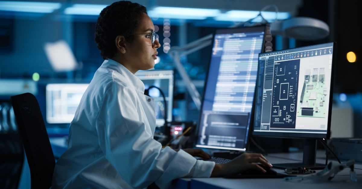 female scientist using cad at work
