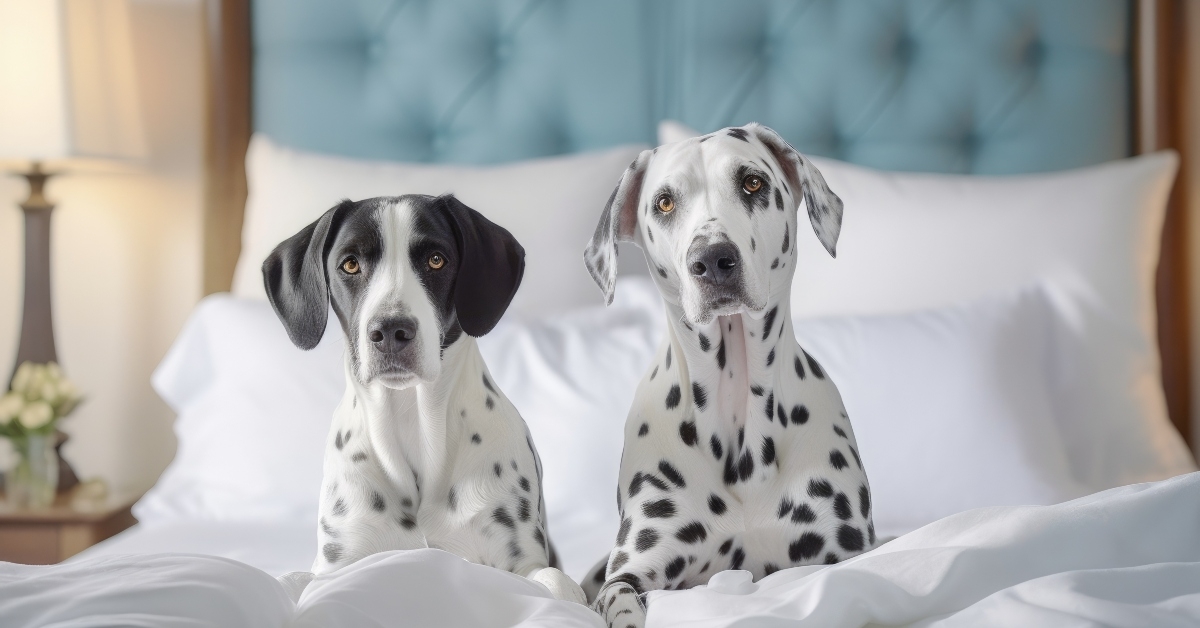 dalmatian cuddled up on a bed