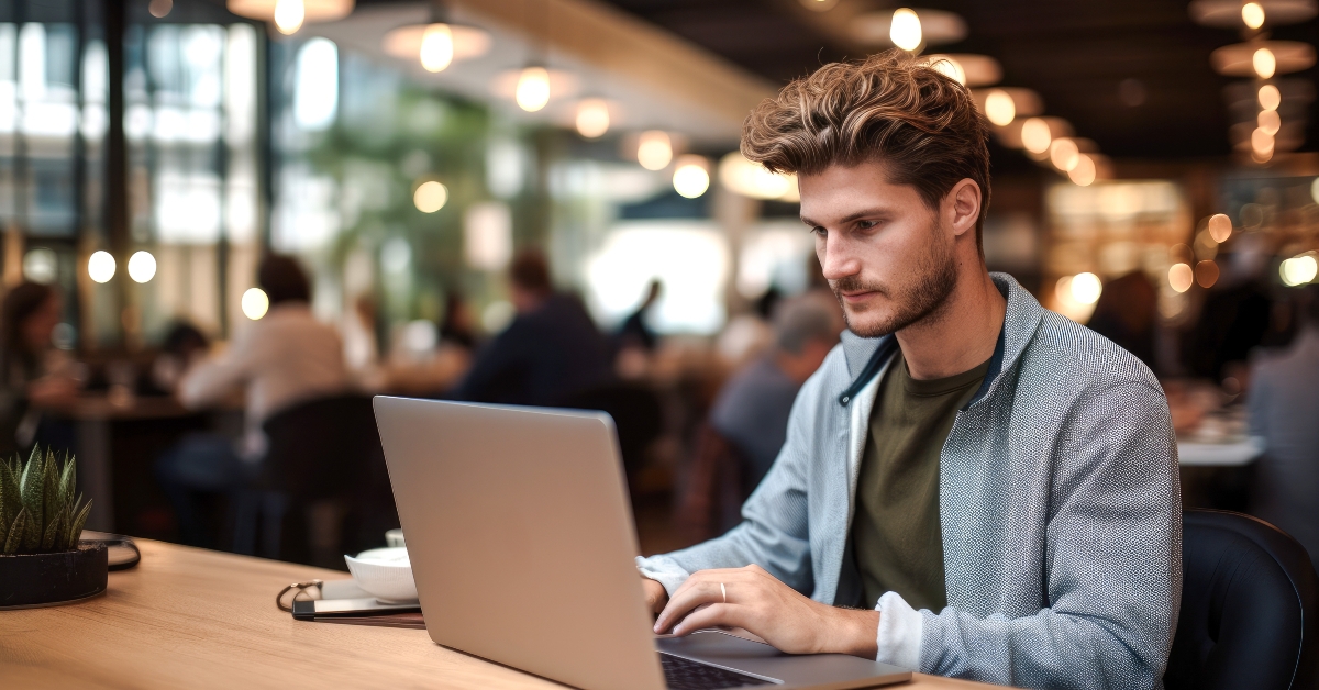 working on laptop in cafe