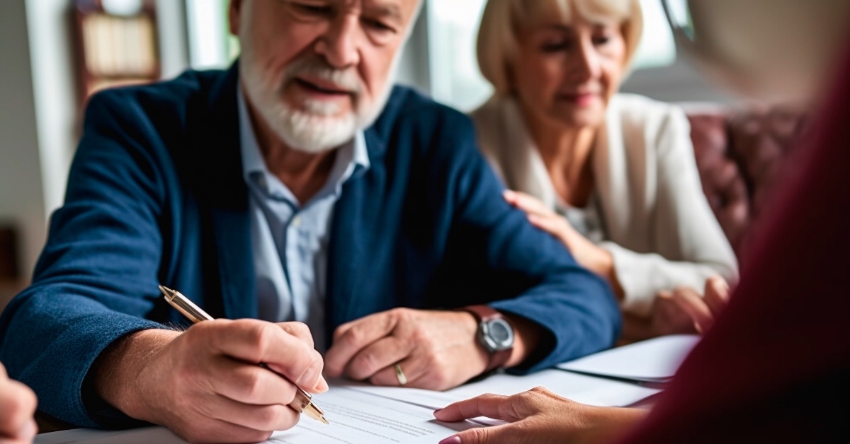 elderly couple signing papers