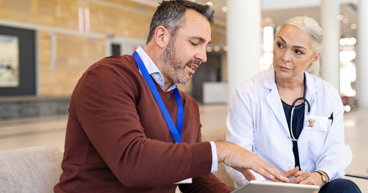 pharmaceutical representative showing test results