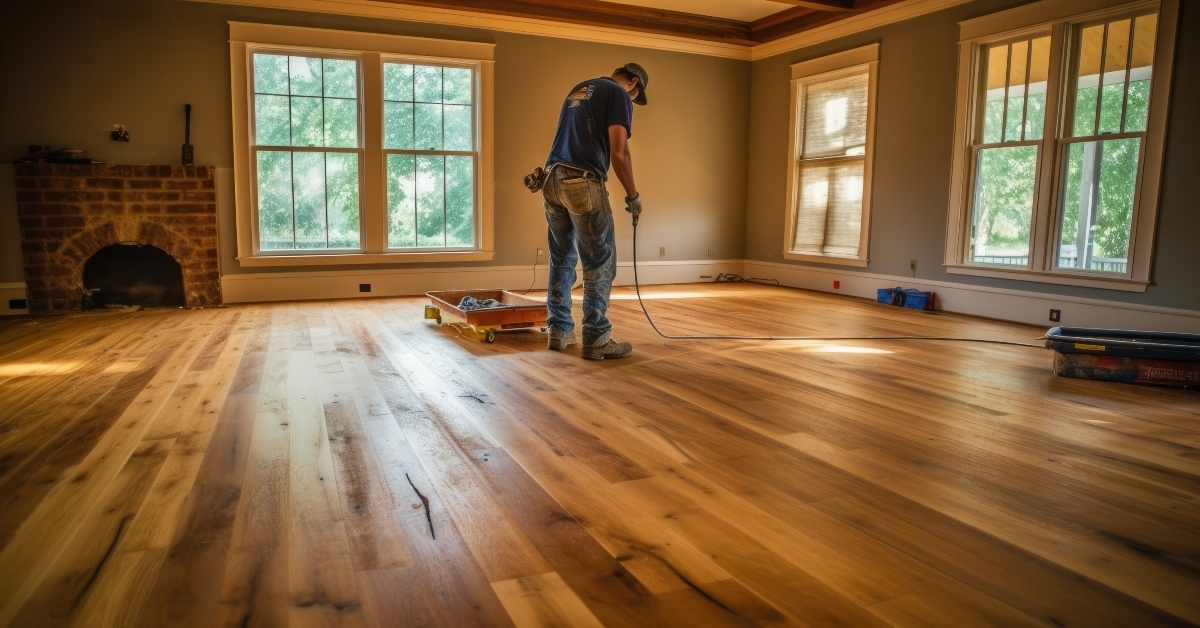 man refinishing hardwood floor