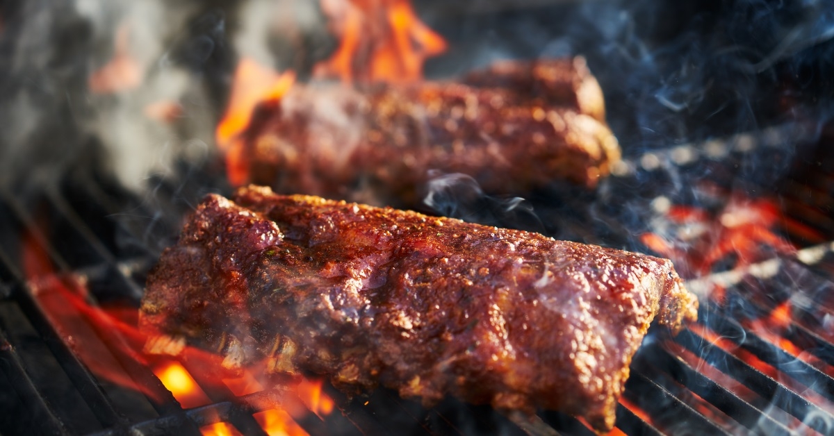 american bbq ribs cooking on grill