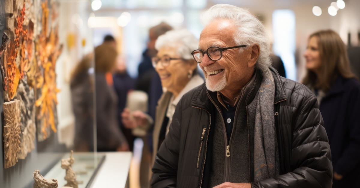 happy senior man at art gallery