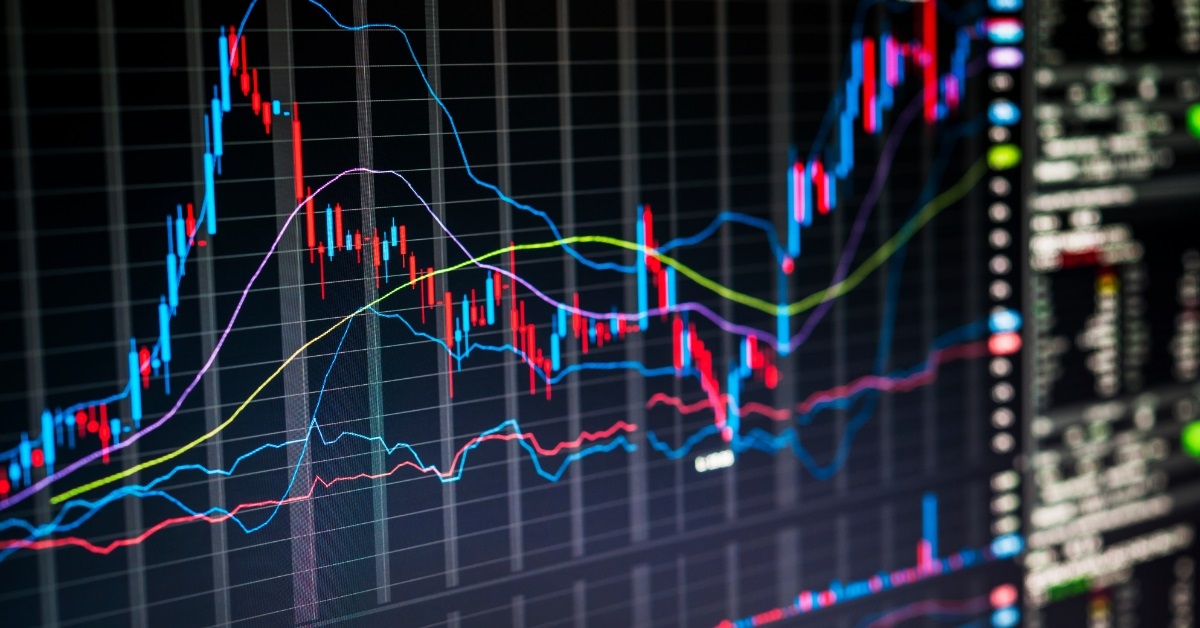trading screen with colorful graphs