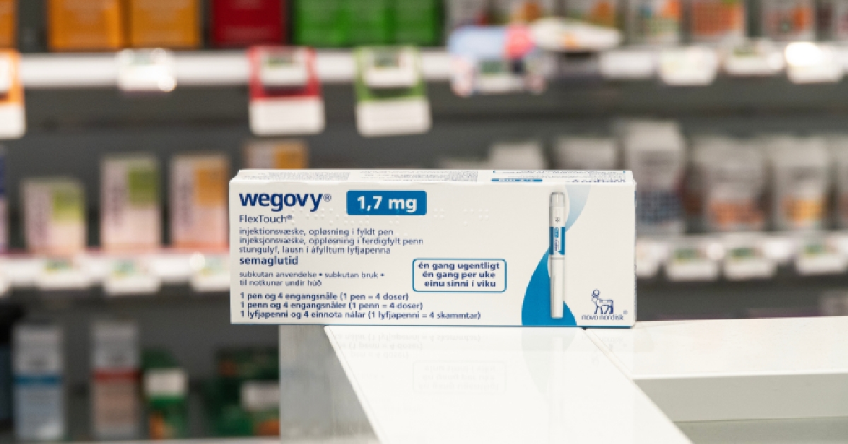 Packaging box of Wegovy (semaglutide) injectable prescription medication, weight-loss drug from Novo Nordisk AS. 