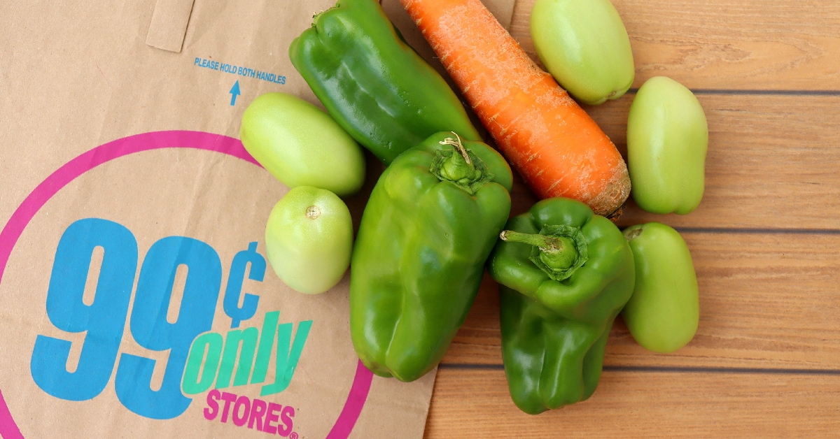 Vegetables on top of 99 Cents Only Stores shopping bag. Supermarket. Grocery Store.