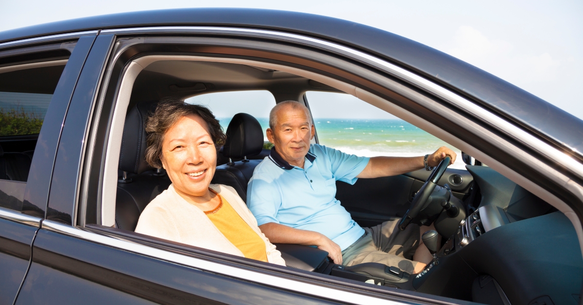  seniors couple enjoying road trip