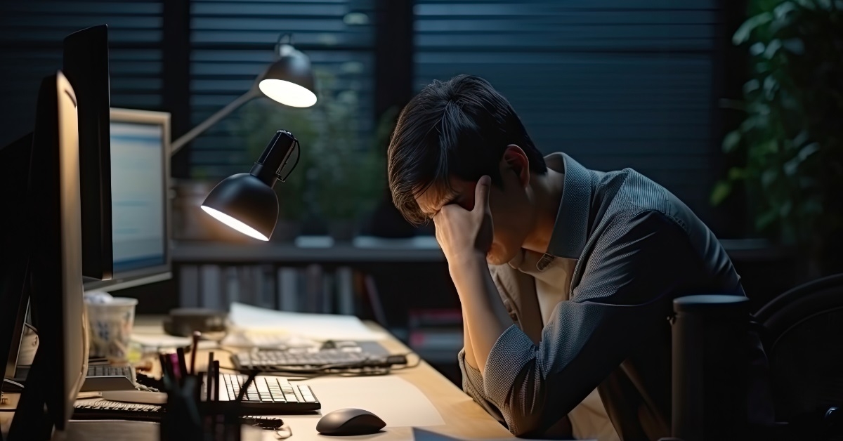 stressed businessman using computer late night