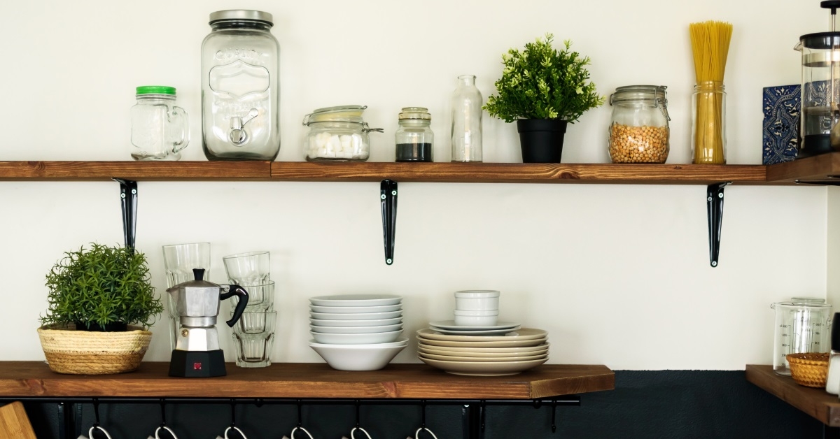 dish on open shelves in kitchen