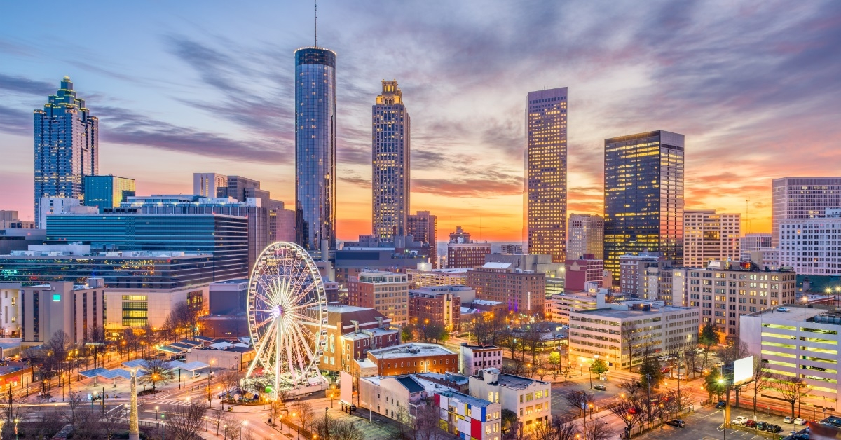 busy Atlanta Georgia cityscape at midnight