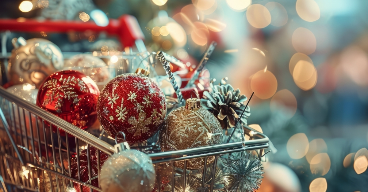 Shopping cart with Christmas ornaments