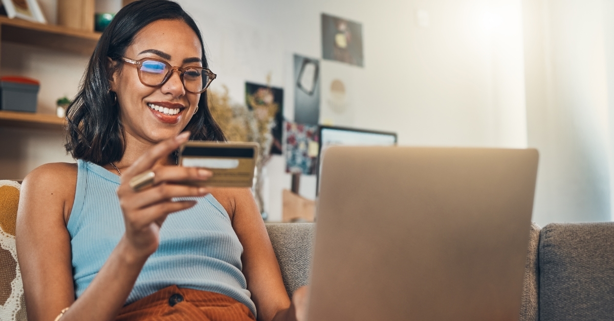 woman using card for shopping online