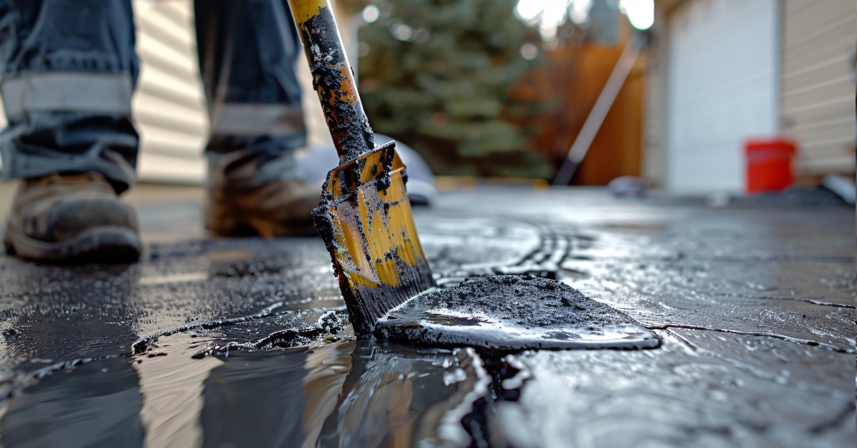 man applying tar sealant to pavement
