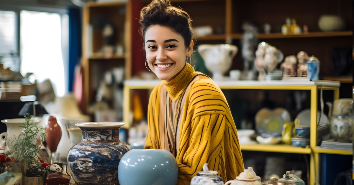 beautiful female shopper at thrift store