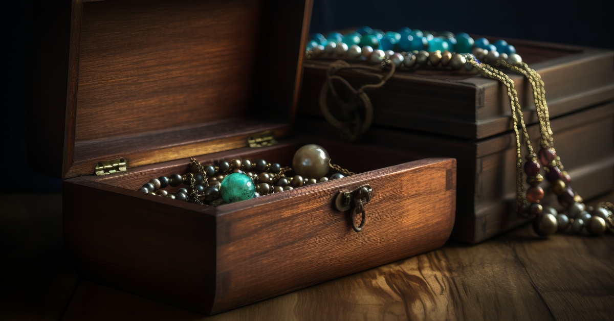 necklace wooden box stones