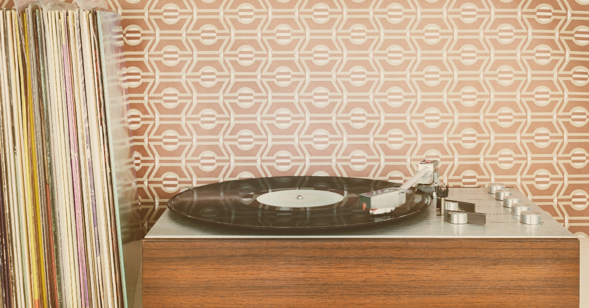 vintage record player with albums