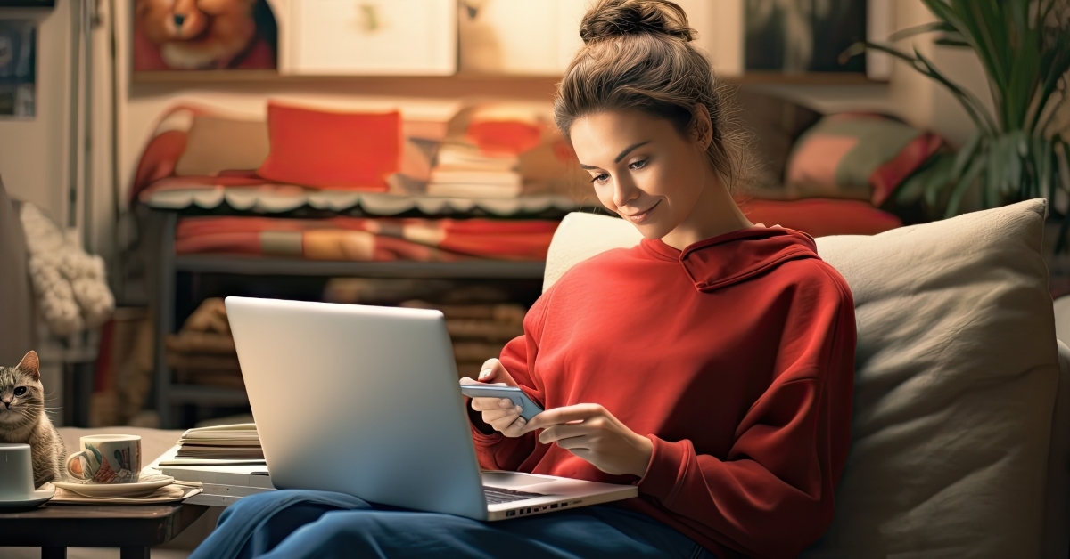 woman using card for online shopping