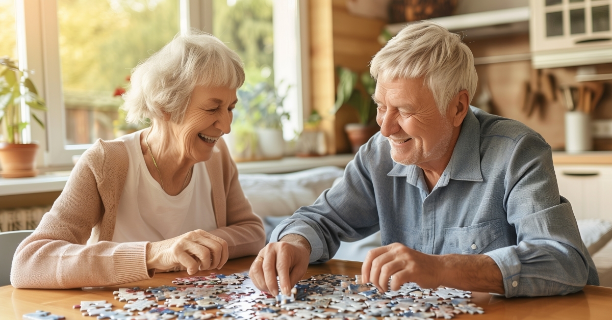 Senior couple playing puzzles at home